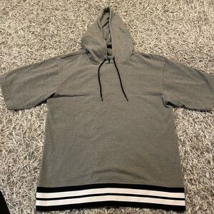 Original Use Gray Hooded Sweatshirt with Striped Hem